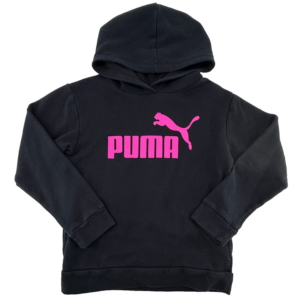 Puma‎ Girls Hoodie M 10-12 Black Pink Logo Athletic Pullover Sweatshirt